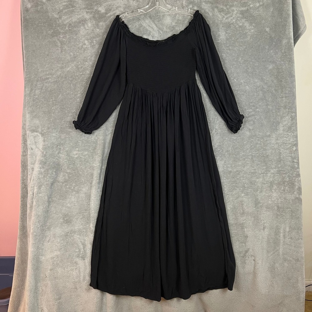 River Island Maxi Dress Womens 14 Black Smocked Bishop Sleeve Milkmaid